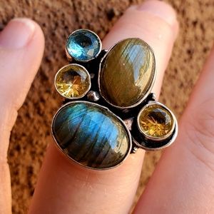 New Labradorite, Blue Topaz, Citrine Silver Ring.